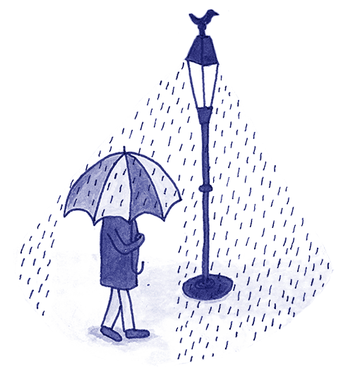 gifje illustratie man in de regen voor boek vier platen vijftien verhalen voor nsvp door illustratie studio het paradijs