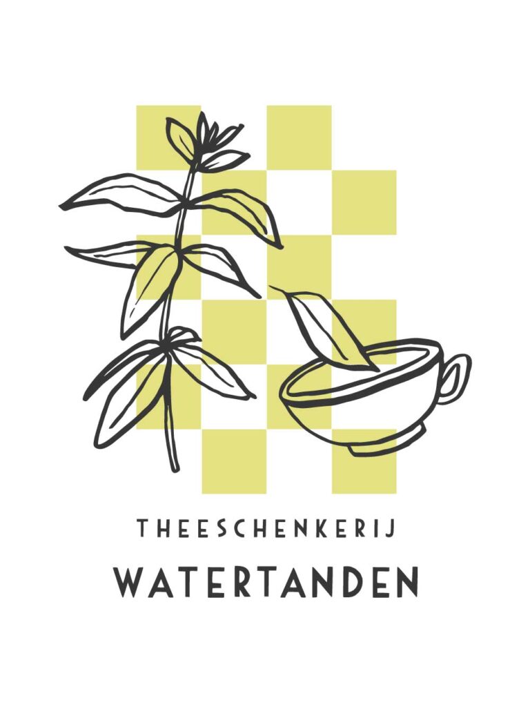 logo voor theeschenkerij watertanden met illustratie van thee kopje Studio Het Paradijs