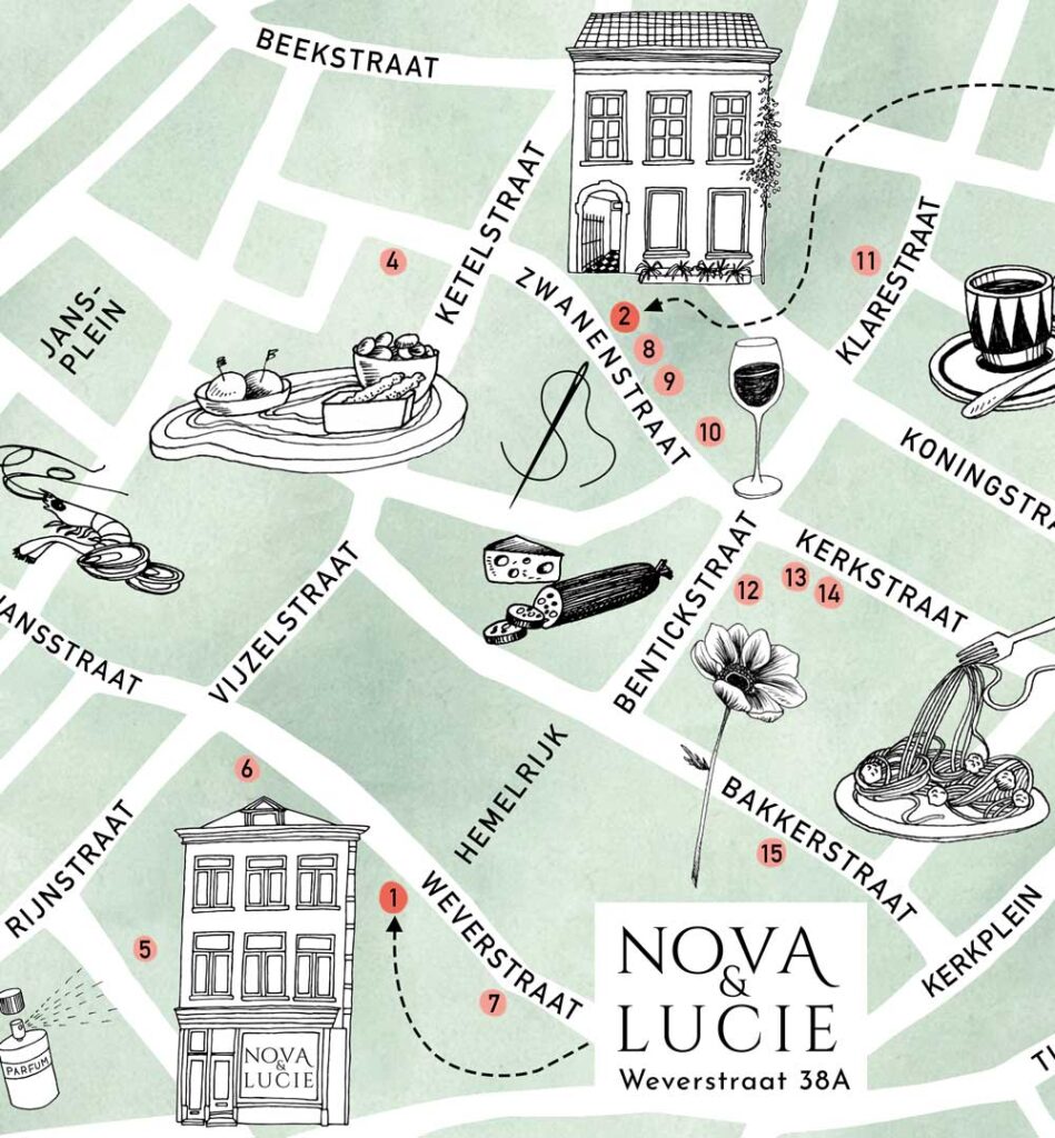 getekende plattegrond met illustraties voor Nova en Lucie Store door Studio Het Paradijs