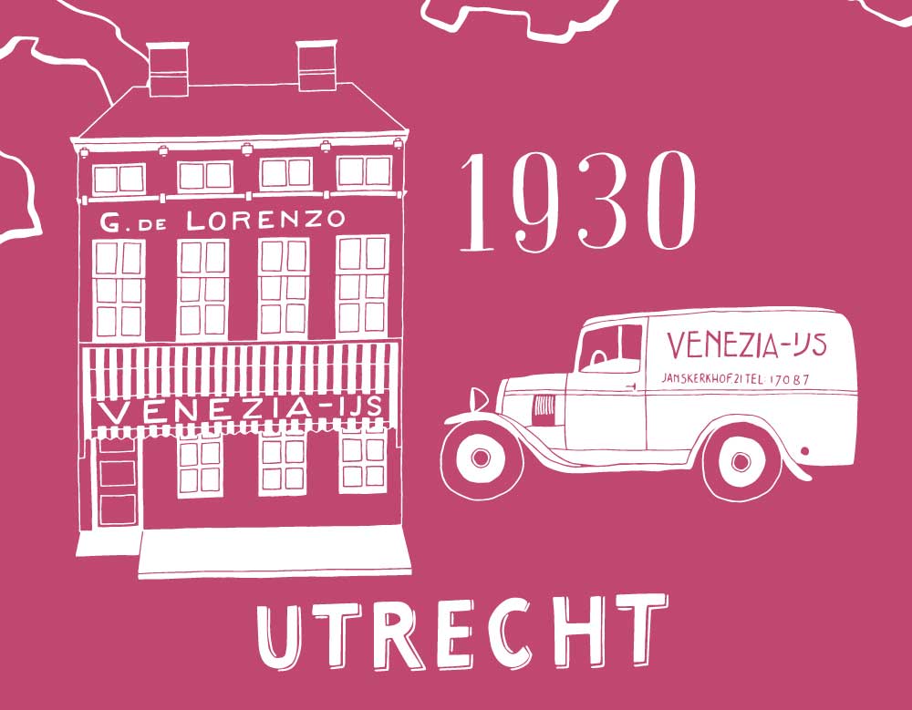 Wand illustratie familiegeschiedenis Trio Arnhem van Studio Het Paradijs